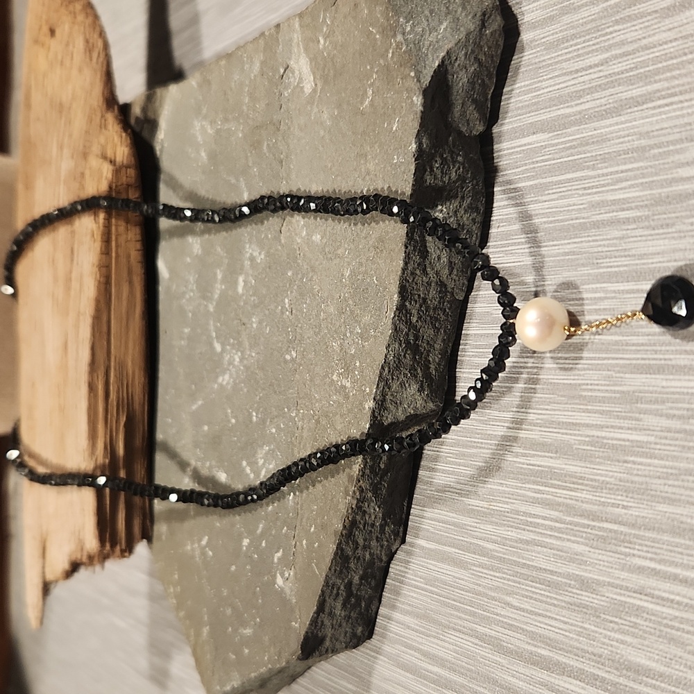 14kt Black Spinel And Pearl Necklace.  NWOT In Box